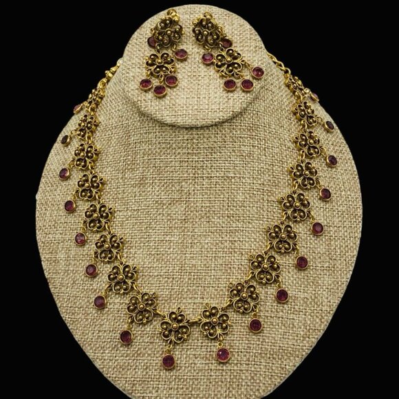 Iconic Goldette Purple Fringed Rhinestone Necklace Matching Clip Earring Set - Picture 1 of 10